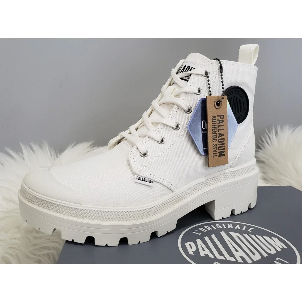 NEW 7.5 PALLADIUM  Pallabase Twill Star White‎ Platform Side-Zip Boots Sneakers